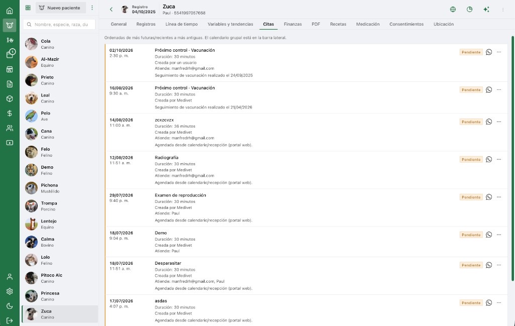 Portal web AniLovet: citas del paciente
