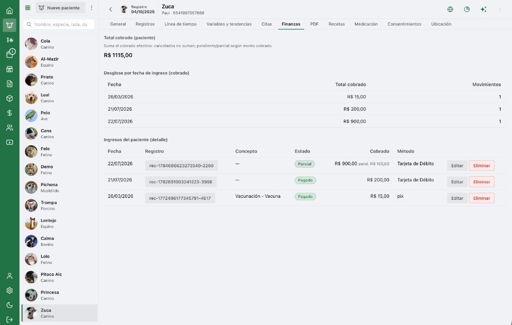 Portal web AniLovet: finanzas del paciente
