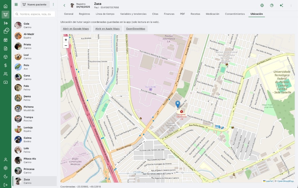 Portal web AniLovet: ubicación del tutor