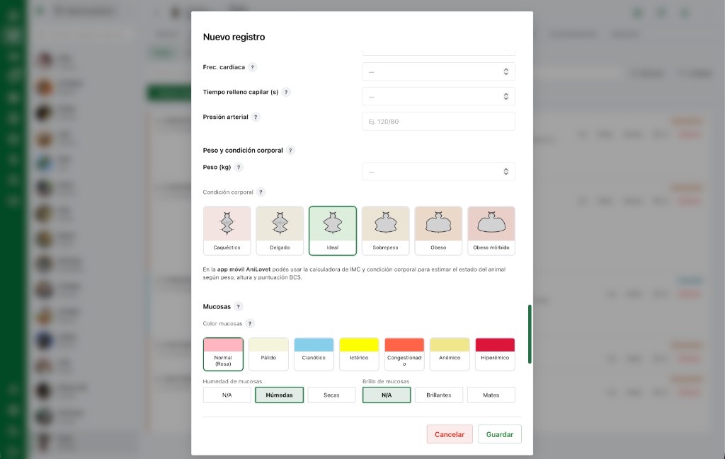 Portal web AniLovet: signos vitales y condición corporal
