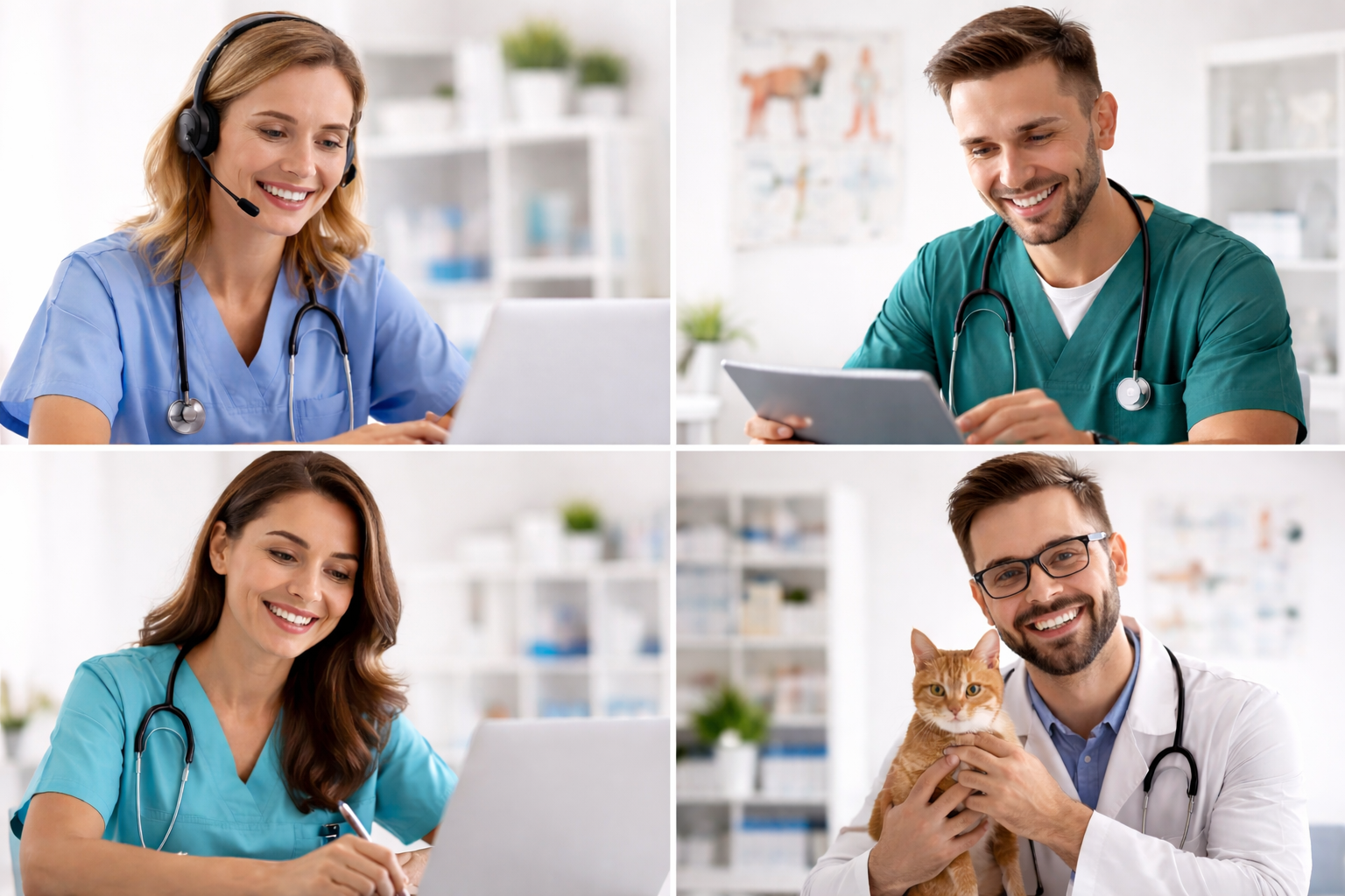 Grupo de veterinarios trabajando juntos y conectados mediante una base de datos de pacientes compartida